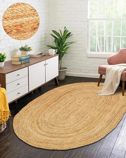 Hand Woven Jute Area Rug - 5' x 8' Feet - Rustic Beige Reversible Oval Rugs for Bedroom, Kitchen, Living Room - Vintage Natural Braided Entry Floor Décor Boho Oval Area Rugs 5x8 Feet