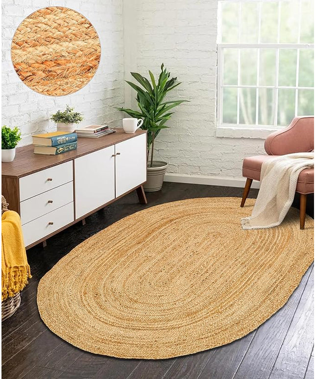Hand Woven Jute Area Rug - 5' x 8' Feet - Rustic Beige Reversible Oval Rugs for Bedroom, Kitchen, Living Room - Vintage Natural Braided Entry Floor Décor Boho Oval Area Rugs 5x8 Feet
