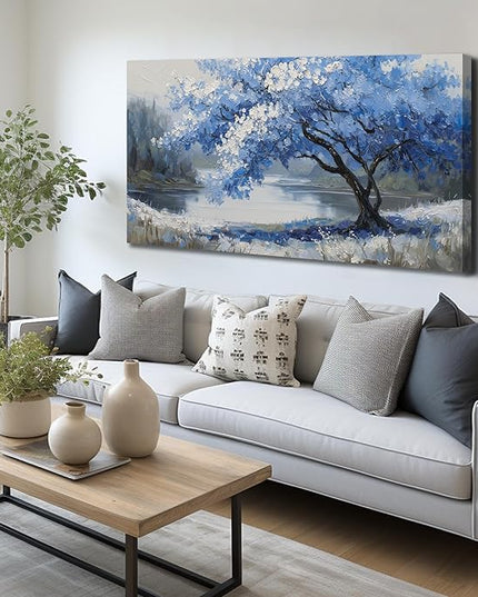 JuhaiArt Blue Wall Art White Picture Art Scenery Wall Decor Tree Wall Art Canvas for Living Room Bedroom Home Office Prints Gray Artwork 24" x 48"