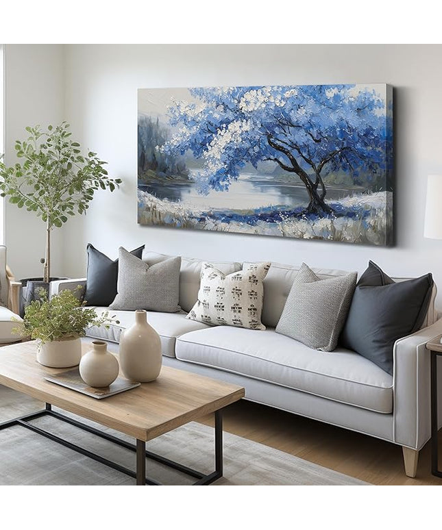 JuhaiArt Blue Wall Art White Picture Art Scenery Wall Decor Tree Wall Art Canvas for Living Room Bedroom Home Office Prints Gray Artwork 24" x 48"