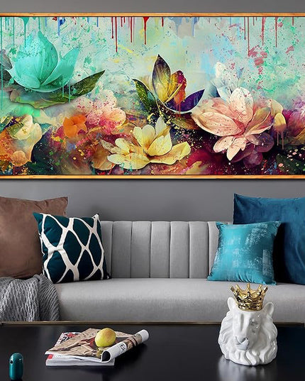 Flower Wall Art for Living Room, Framed Floral Canvas Wall-Art for Bedroom, Watercolor Lotus Print, Large Size 59x29 Inches