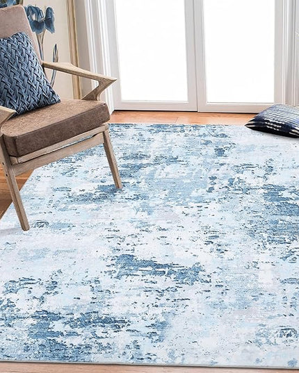 6x9 Modern Abstract Area Rug Non Slip Non Shedding Low Pile Stain Resistant Rug Soft Washable Carpet for Bedroom Living Room, Light Blue