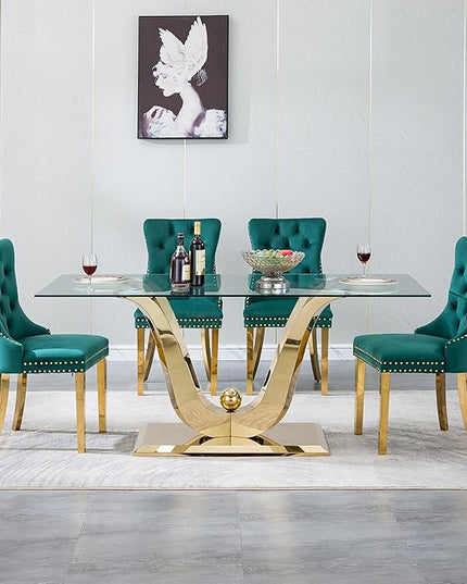 5-Piece Glass Dining Table Set w/4 Green Upholstered Dining Chairs, 70in Rectangular Large Kitchen Table Set for 4, Glass and Gold Dining Table and Chair Set for 4