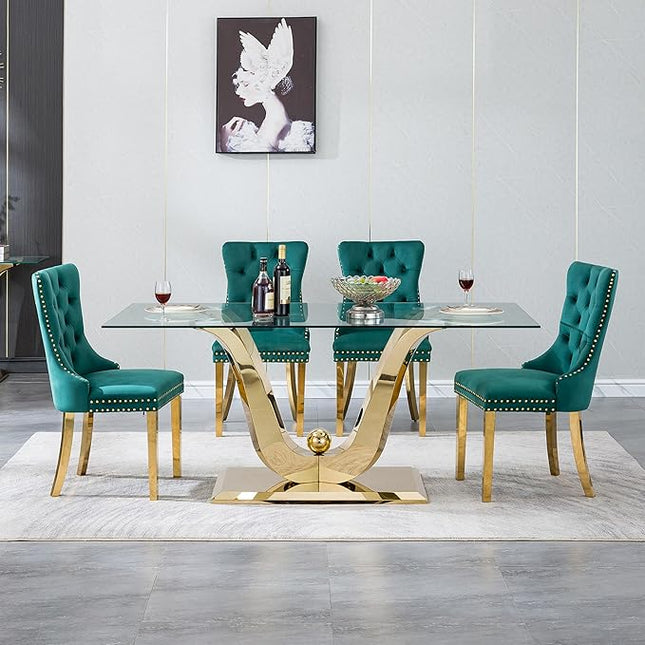 5-Piece Glass Dining Table Set w/4 Green Upholstered Dining Chairs, 70in Rectangular Large Kitchen Table Set for 4, Glass and Gold Dining Table and Chair Set for 4
