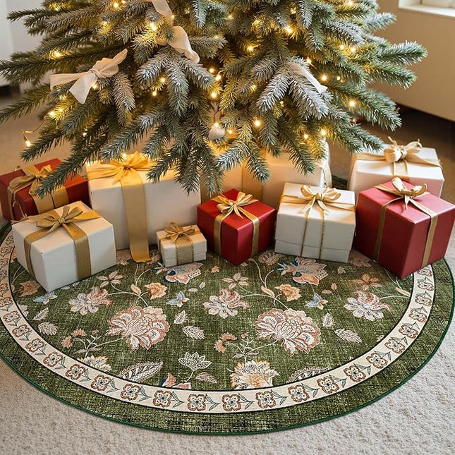 jinchan Elora 4ft Floral Round Rug for Entryway Washable Rug Vintage Romance Christmas Design Non Slip Indoor Doormat Lightweight Low-Profile Throw Carpet for Living Room Dining Room Bedroom, Green