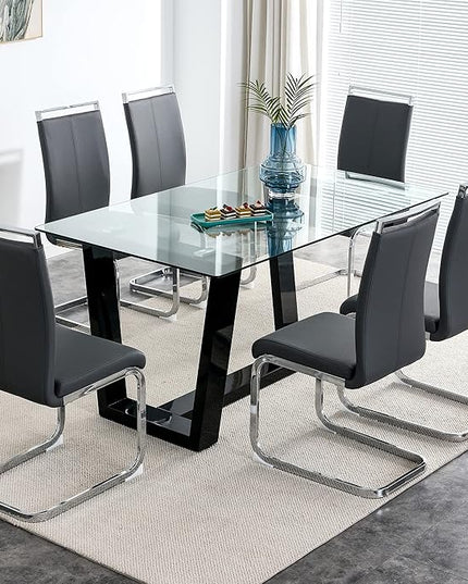 Ebullient Glass Dining Table, Modern Dining Table, 63" Tempered Glass Tabletop with Black MDF Trapezoid Legs, Rectangle Kitchen Table for 4-6 Person, Ideal for Kitchen, Dining Room, Home, Apartment