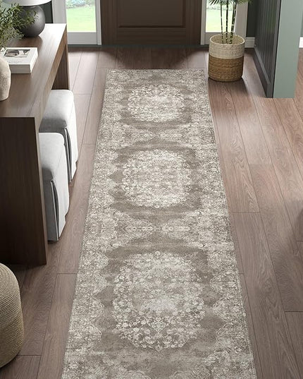 jinchan Hallway Runner Rug 2x10 Vintage Floral Distressed Design - Machine Washable Non-Slip Low-Pile Soft Thin Faux Wool Kitchen Carpet for Farmhouse Bedroom Laundry Room(2x10ft, Brown)