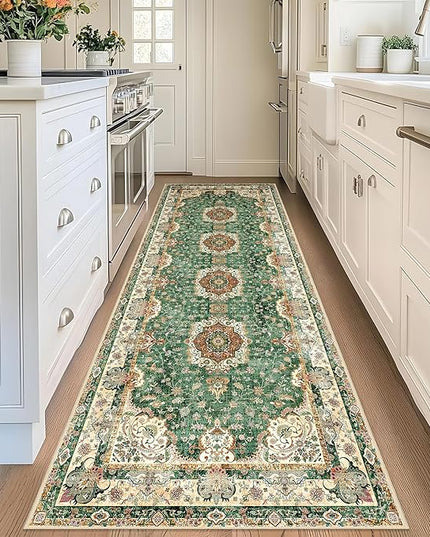 Washable Runner Rug 2'x8',Green Rug Runners Non Slip,Long Boho Rugs for Hallways Kitchen Bathroom Bedroom Entryway,Vintage Bohemian Distressed Floor Carpet,Retro Sage Floral
