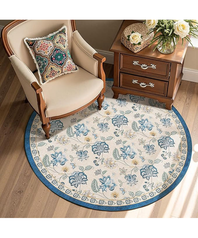 jinchan Elora 4ft Floral Round Rug for Entryway Washable Kitchen Rug Vintage Romance Design Non Slip Indoor Doormat Lightweight Low-Profile Throw Carpet for Living Room Dining Room Bedroom, Blue/Beige