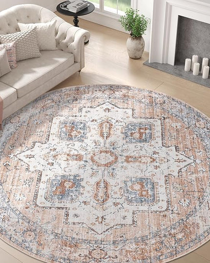 jinchan Round Rug 7ft Area Rug - Machine Washable 7'Circle Vintage Floral Non-Slip with Rubber Backing Ultra-Thin Low-Pile Carpet for Bedroom Living Room Dining Room Entryway (7'Round, Orange)