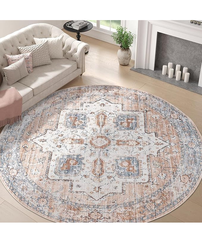 jinchan Round Rug 7ft Area Rug - Machine Washable 7'Circle Vintage Floral Non-Slip with Rubber Backing Ultra-Thin Low-Pile Carpet for Bedroom Living Room Dining Room Entryway (7'Round, Orange)