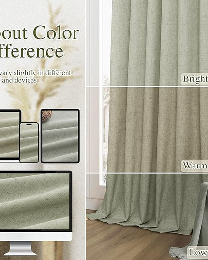 Sage Green Linen Blackout Curtains 86 Inch Length 2 Panels Set for Living Room Bedroom Back Tab Thermal Insulated 100% Black Out Linen Drapes Room Darkening Window Curtains 86 Inches Long