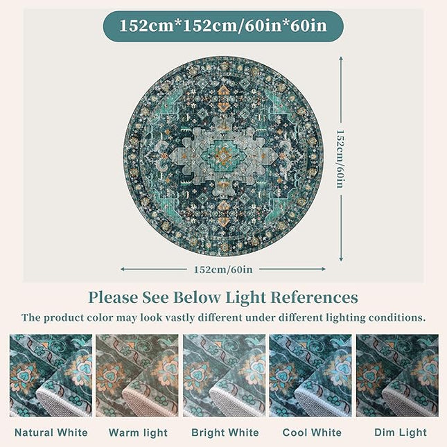 Ciicool Washable Area Rug Round 5’x5’ Teal Boho Bedroom Non-Slip Oriental Entry Throw Low-Pile Indoor Floor Carpet for Dining Room Laundry Foyer Decor (Teal/Multi)