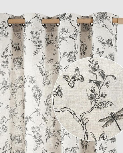 Lazzzy Linen Black Floral Farmhouse Curtains 96 Inches Long Drapes for Living Room Bedroom Pattern Light Filtering Country Vintage Curtain Grommet Top, 2 Panels, Black on Beige