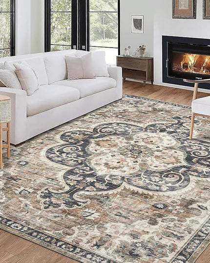 ReaLife Rugs Machine Washable Area Rug Runner - Living Room Bedroom Bathroom Kitchen Entryway Office - Padded Low Pile Stain Resistant Premium - Boho Farmhouse Vintage - Joy - Brown Beige 3' x 5'