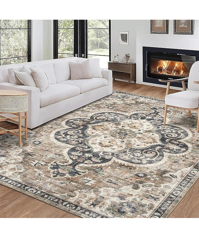 ReaLife Rugs Machine Washable Area Rug - Living Room Bedroom Bathroom Kitchen Entryway Office - Padded Low Pile Stain Resistant Premium - Boho Farmhouse Vintage - Joy - Brown Beige 4' x 6'