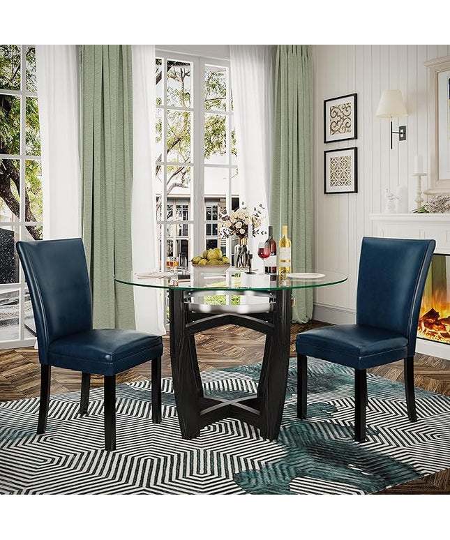 PADMA HOUSE Round Glass Dining Table Set for 2, 45in Modern Kitchen Small Wood Dinner Table with 2 Parsons Leather Dining Chairs 3 Piece Dining Room Table Chair Set, Clear&Purplish Blue
