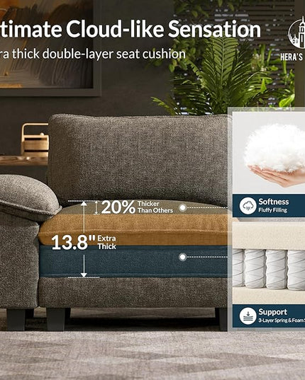 HERA'S HOUSE 124" Modular Sectional Sofa, Oversized L Shaped Couches for Living Room, Comfy Cloud Couch with Ottoman, 4-Seater Deep Seat Sofa with Throw Pillow, Chenille Ash