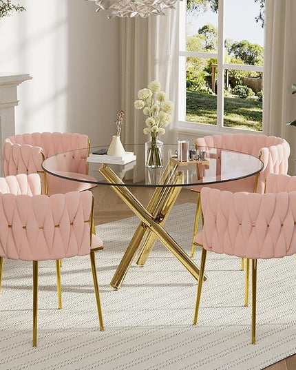 5 Piece Modern Gold Round Glass Dining Table Set, 47'' Clear Circle Glass Top Kitchen Set, 4 Person Luxury Minimalist Circular Dinner Set with Pink Woven Chairs, for Large Apartment Bedroom