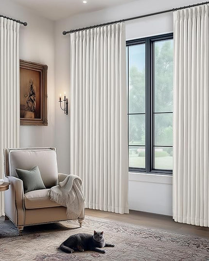 Blackout Memory Trained Pinch Pleated Bedroom Curtains 94 Inches Long, Black Out Linen Two Layer Heat Blocking Soundproof Modern Beige White Curtain for Living Room with Back Tab 40W x 94L 2 Panel Set