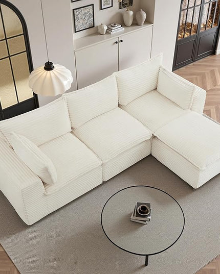 108" Sectional Couches for Living Room Boneless Couch Upholstered Cloud Couch Sectional Modular Sectional Sofa with L Shaped (Corduroy-White, 3 Seat+1 Ottoman)