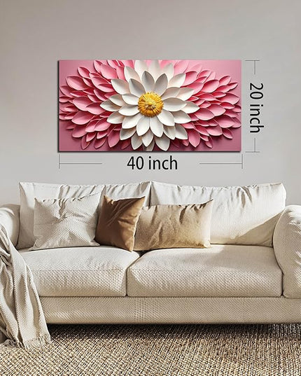 Ouzzlie Pink Wall Picture for Bedroom Flower Wall Decor White Canvas Wall Art Floral Artwork for Living Room Office 20" x 40"