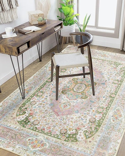 Pink Rug 4'x6.5',Washable Area Rugs for Bedroom Living Room Kitchen Entryway,Small Boho Vintage Bohemian Distressed Non Slip Carpet,Blush Green