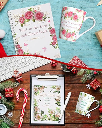 Eaasty 8 Pcs Christian Gifts 4 Ceramic Coffee/tea Mug Set for Women Floral Bible Verse Mug Set 4 Inspirational Religious Writing Notebook Journal with Scripture Religious Spiral Journal for Xmas