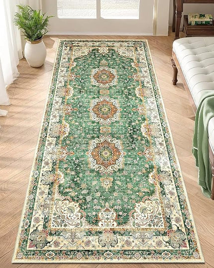 Washable Runner Rug 2'x6',Green Rug Runners Non Slip,Long Boho Rugs for Hallways Kitchen Bathroom Bedroom Entryway,Vintage Bohemian Distressed Floor Carpet,Retro Sage Floral