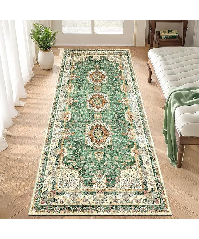 Washable Runner Rug 2'x6',Green Rug Runners Non Slip,Long Boho Rugs for Hallways Kitchen Bathroom Bedroom Entryway,Vintage Bohemian Distressed Floor Carpet,Retro Sage Floral
