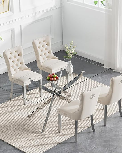 HomVent 5 Piece Rectangular Glass Dining Table Set, Tempered Glass Dinner Table Set for 4 Kitchen Table Set with 4 Velvet Upholstered Chairs for Kitchen Dining Room
