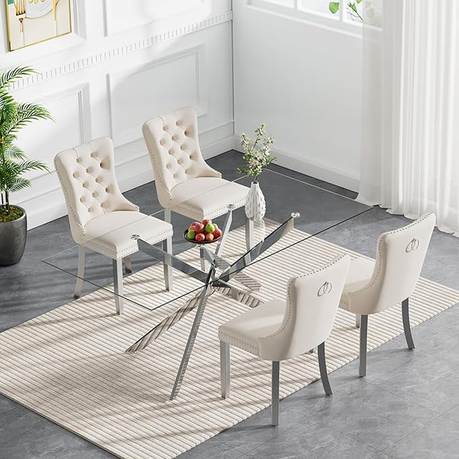Modern 5-Piece Glass Dining Table Set for 4, Modern 60" Rectangle Silver Glass Dining Room Table Set with Milk White Velvet Tufted Chairs Wood Legs for Kitchen Dining Room