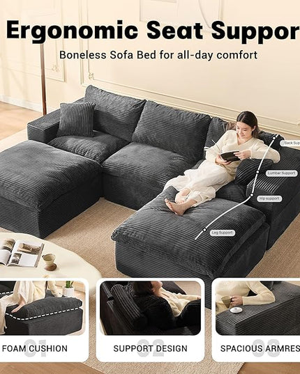 106.3” Sectional Couches for Living Room, Cloud Couch, Modular Sectional Sofa, Convertible Sofas Bed, Deep Seat Sofa, U Shaped Cozy Sofa Furniture Set, Corduroy, Gray