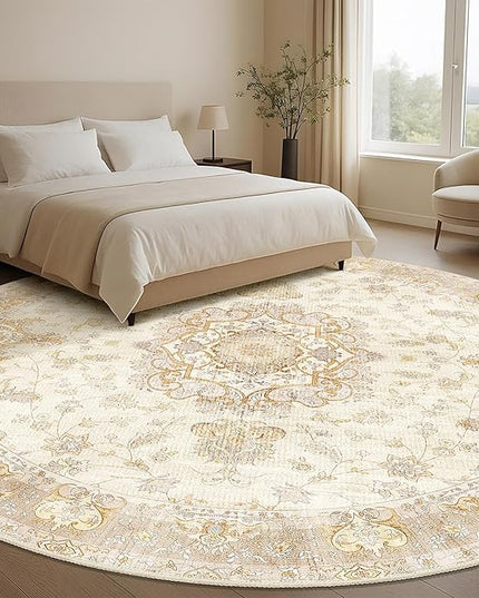 Large Boho Round Rug 9ft, Beige Circle Area Rugs for Bedroom Living Room,Washable Vintage Bohemian Distressed Oriental Floral Carpet Non Slip,Retro Gold Floral