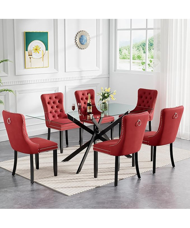 HomVent 7 Piece Rectangular Glass Dining Table Set, Tempered Glass Dinner Table Set for 6 Kitchen Table Set with 6 Velvet Upholstered Chairs for Kitchen Dining Room