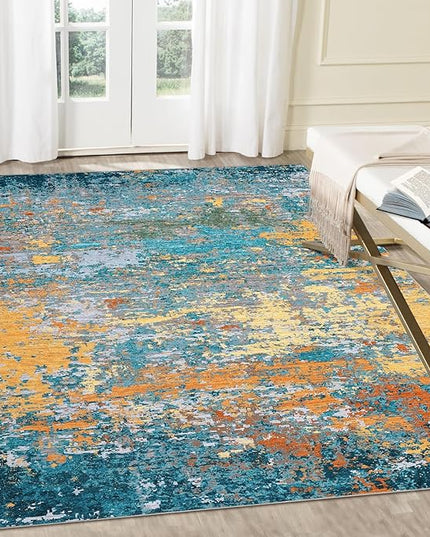 9x12 Modern Abstract Accent Rug Non Slip Stain Resistant Washable Throw Rug Low Pile Indoor Floor Cover for Living Room Bedroom Office Home Decor, Multi Color