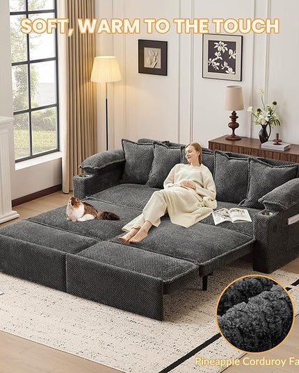 83" King Size Pull Out Sofa Bed, 4-in-1 Convertible Sleeper Sofa Bed with USB Ports, Cup Holders, Side Pockets, Corduroy Oversized Loveseat Chaise Lounge for Living Room, Small Space (Dark Gray)