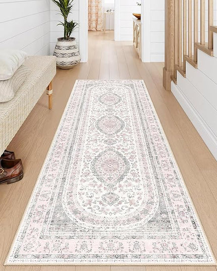 Washable Runner Rug 2x6,Pink Rug Runners Non Slip,Long Boho Rugs for Hallways Kitchen Bedroom Entryway Bathroom,Vintage Bohemian Distressed Farmhouse Floor Carpet,Grey Blush Floral