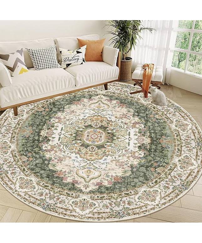 Green Round Rug 9ft,Large Circle Area Rugs for Bedroom Living Room Dining Room,Washable Boho Vintage Bohemian Distressed Oriental Carpet Non Slip,Sage Floral