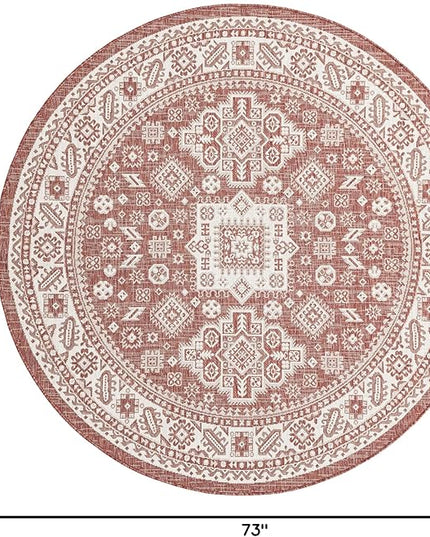 Rugs.com Outdoor Aztec Collection Rug – 6 Ft Round Rust Red Flatweave-Pile Rug Perfect for Kitchens, Dining Rooms