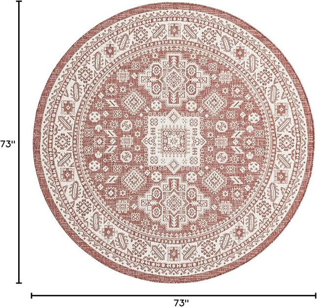 Rugs.com Outdoor Aztec Collection Rug – 6 Ft Round Rust Red Flatweave-Pile Rug Perfect for Kitchens, Dining Rooms