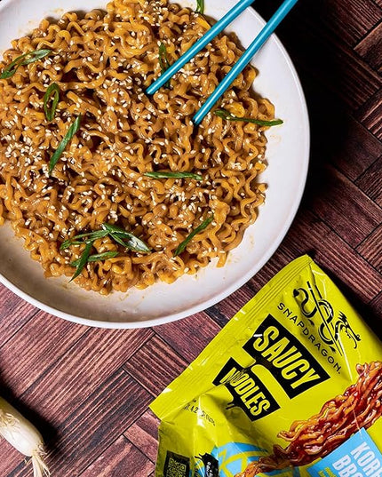 Snapdragon Saucy Instant Noodles with Korean BBQ Slurpable Sauce - Quick Meal, Snack, and Lunch. 12-Pack Microwave Noodles for Cup, Bowl, Ramen or Asian Stir Fry