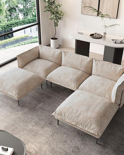 WJShome Velvet Modular Sectional Sofa with Chaise,111" Modern U-Shaped Couch for Living Room, 3-Seater Sofa with 2 Ottomans with Removable Cushions and 8" High Metal Legs, Easy to Clean, Oatmeal