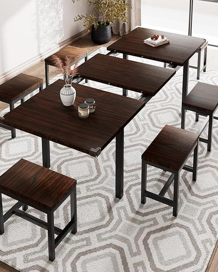 iPormis 7-Piece Dining Table Set with 6 Stools, 63" Extendable Kitchen Table Set for 4-8, Modern Dining Room Table with Sturdy Metal Frame, Space-Saving Dinette, Espresso
