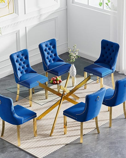 Rectangle Glass Dining Table Set for 6, 60'' Kitchen Table and Chairs Set, 7PCS Modern Dining Room Table Set with 6 Velvet Dining Chair for Home