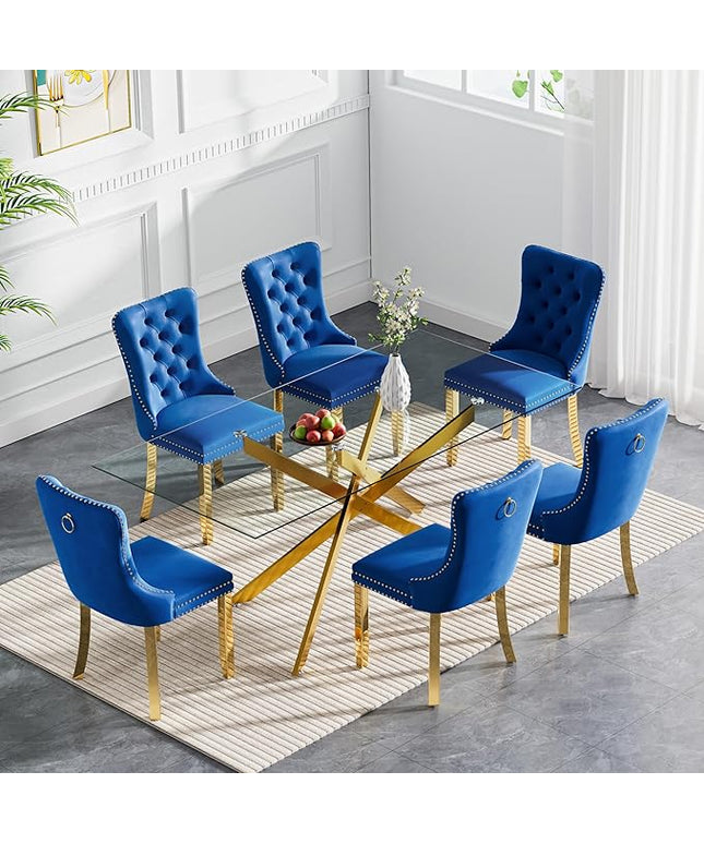 Rectangle Glass Dining Table Set for 6, 60'' Kitchen Table and Chairs Set, 7PCS Modern Dining Room Table Set with 6 Velvet Dining Chair for Home