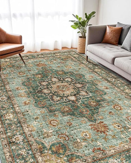Washable Oriental Area Rug - 7x9 Rugs for Living Room Soft Carpet for Bedroom Waterproof Floral Distressed Indoor Stain Resistant Non-Shedding Floor Carpets (Green, 7x9)