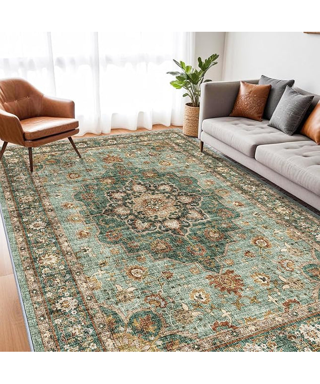 Washable Oriental Area Rug - 7x9 Rugs for Living Room Soft Carpet for Bedroom Waterproof Floral Distressed Indoor Stain Resistant Non-Shedding Floor Carpets (Green, 7x9)