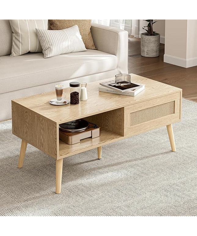 Wood Coffee Table with Storage, Boho Dining Table with Sliding Rattan Door Panel and Solid Wood Legs, Small Coffee Tables for Living Room, Oak (Oak_LSJ008)