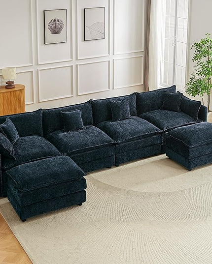 Modular Sectional Sofa, 147.2 Inch U Shaped Couch Set with Armrests, 4-Seater Comfy Cloud Couches with Movable Ottoman for Living Room Apartment, Blue